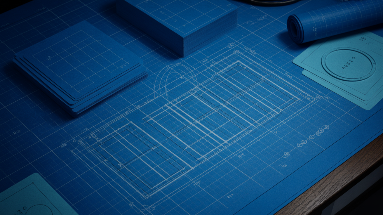 A technical blueprint drafting table
